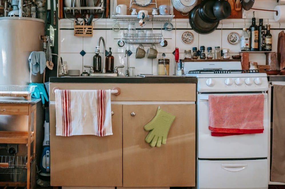 Lower kitchen cabinets and stove in a lived-in kitchen, common places where mice hide