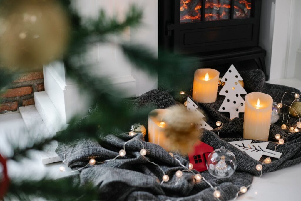 Warm living room with a fireplace, prepared for winter